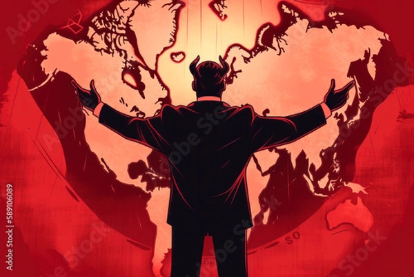 Obraz A devil stands with his hands spread out in front of a map of the world and imagines he is the ruler of the world. Generative AI.