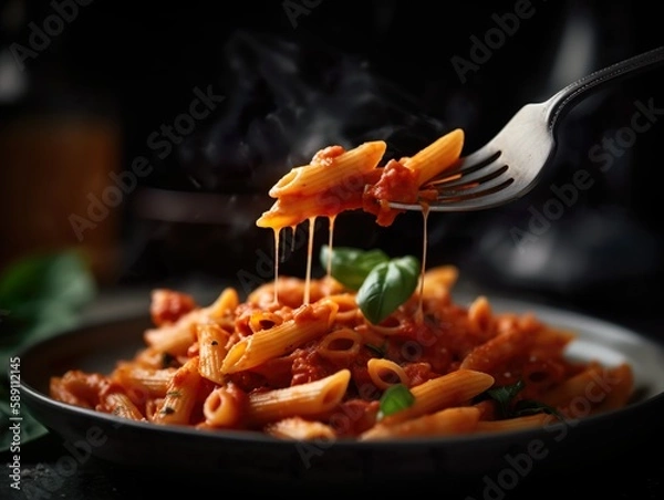 Obraz Fiery Penne Arrabiata: Close-up of Delicious Penne Pasta with Spicy Tomato Sauce, Garlic, Chili, and Olive Oil, Generative AI