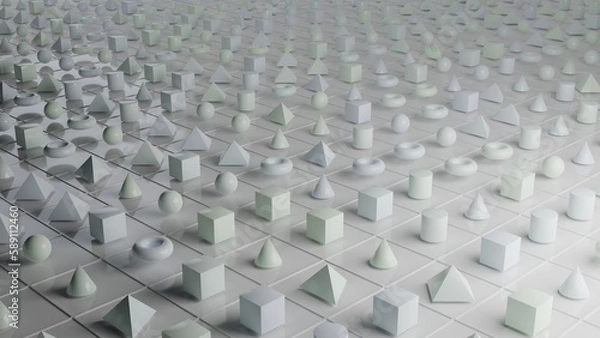 Fototapeta Random shapes arranged in a matrix, raytraced render.