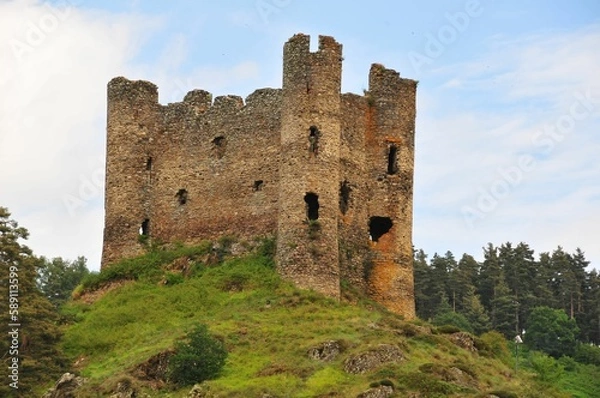Fototapeta Alleuze Castle on the hill surrounded by green vegetation. France.