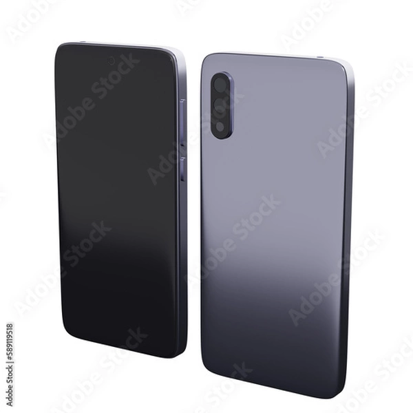 Fototapeta Metal mobile phone front and back perspective view isolated on white background. 3d rendering  