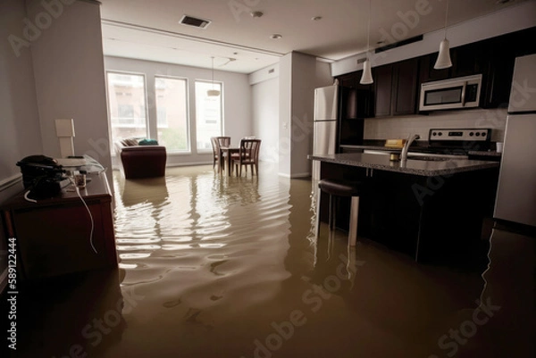 Fototapeta Flooded apartment with a lot of water on the floor. Created with Generative AI technology.