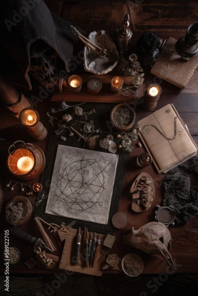 Fototapeta Wizard table with witchcraft accessories. Vertical format. Created with Generative AI technology.