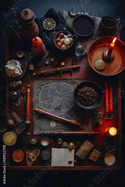 Fototapeta Wizard table with witchcraft accessories. Vertical format. Created with Generative AI technology.