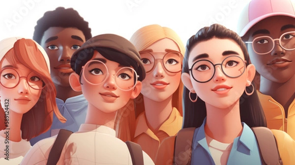 Fototapeta A diverse group of students smiling brightly in front of a light backdrop. Generative AI