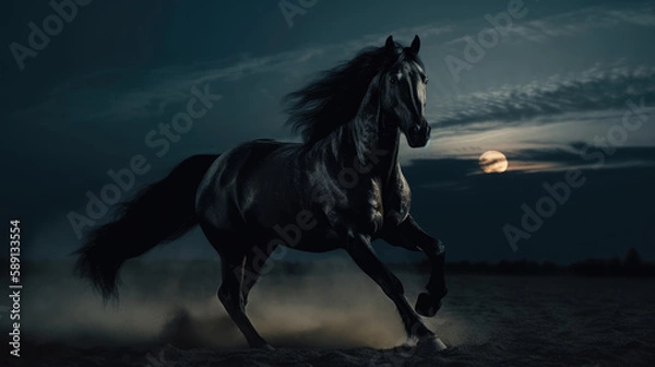 Fototapeta A black coated Friesian horse rears up on a small grassy cliff. The night wind blows through the animal's mane and tail. Behind it, the full moon fills the sky. 3D Rendering