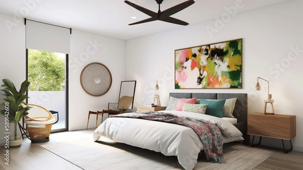 Obraz Bright and Inviting: Relax in a Modern Living Room with Spinning Ceiling Fan and Abstract Art Piece, generated by IA 