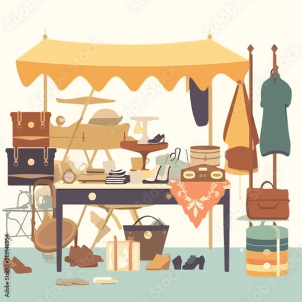 Fototapeta Flea market or second hand store. Reusable clothes and sustainable living concept. Flat vector illustration. Generative AI