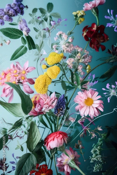 Fototapeta Tropical background, exotic fresh Summer leaves, plants and vivid colorful neon color flowers on pastel blue wallpaper. Generative AI.