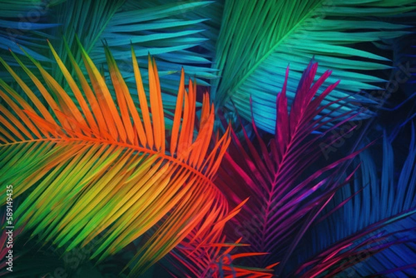 Fototapeta Tropical background exotic fresh green Summer palm leaves and plants in vivid colorful neon colors, flat lay of seamless pattern. Generative AI.