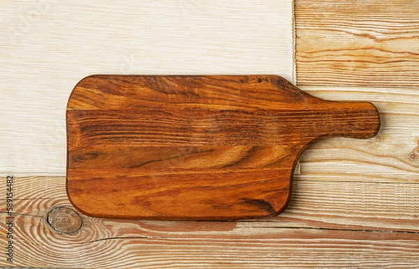 Fototapeta Old Wood Cutting Board Mockup, Vintage Chopping Board Background, Rustic Napkin, Empty Cut Desk Top View
