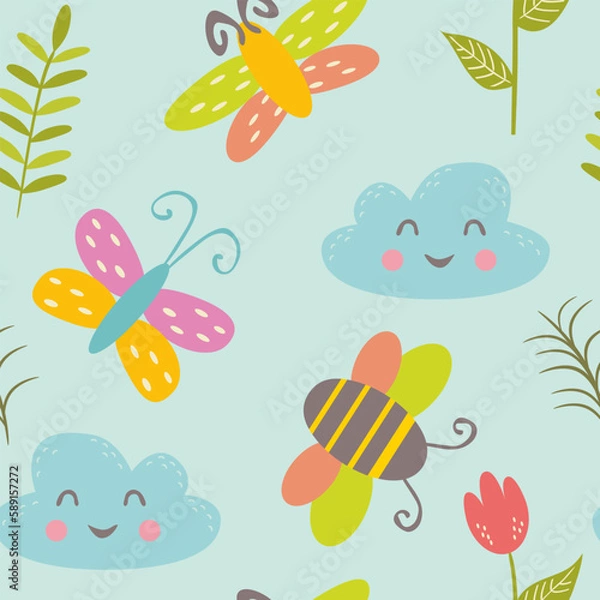 Fototapeta Colorful seamless pattern with funny bees, butterflies and clouds. Background with cute childrens drawings. Flat vector illustration.