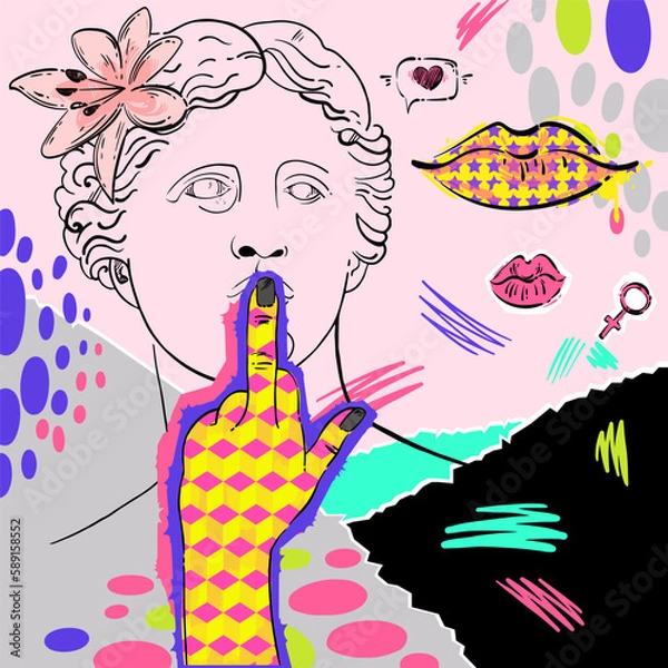 Obraz Vector abstract illustration. Trippy background in collage technique. Illustration of Greek statue of Venus de Milo in creative psychedelic style. Fashion art.
