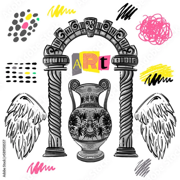 Obraz Vector abstract set with greek arch, vase and wings. Art collage. hand drawing