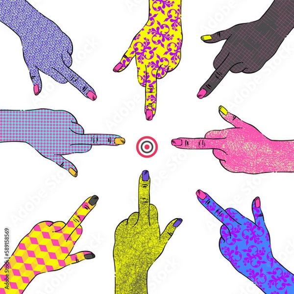 Obraz Vector illustration of colorful hands. Fuck you. Psychedelic set for your design. Strike, protest. target
