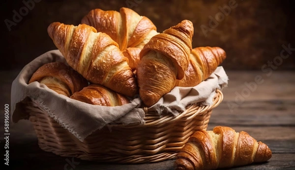 Fototapeta Basket of delicious fresh croissants on wooden background. Based on Generative AI