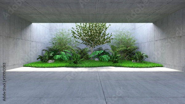 Fototapeta Large empty room, concrete walls and floor, sunlight from above illuminates a tropical garden with exotic green plants