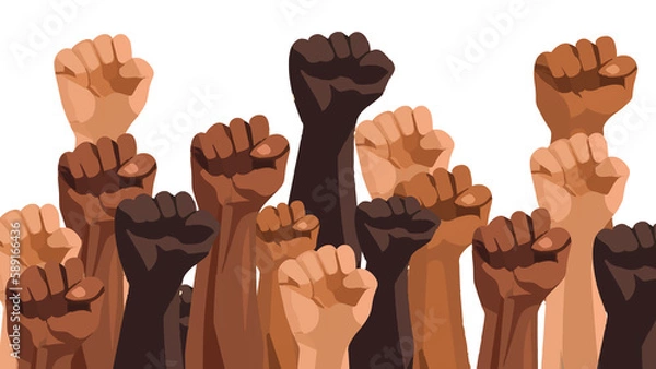 Fototapeta black lives matter raised up mix race fists awareness campaign against racial discrimination of dark skin color support for equal rights of black people horizontal vector illustration