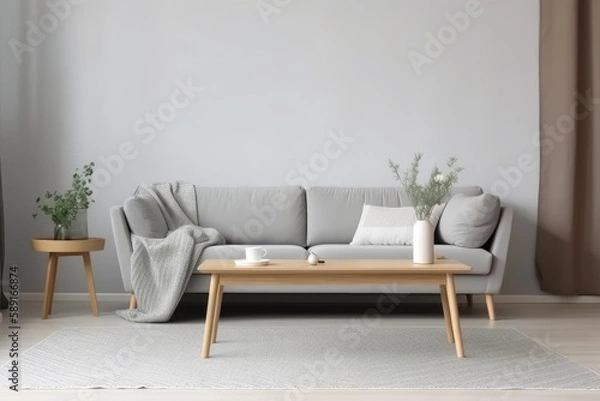 Obraz View of modern scandinavian style interior with sofa and trendy vase, Home staging and minimalism concept as interior design idea - Generative AI
