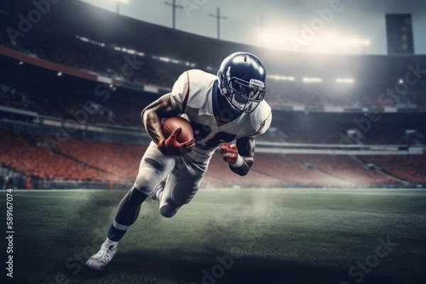 Obraz American Football Player Scores a Touchdown.American football player celebrates scoring a touchdown in front of a roaring stadium crowd Generative AI