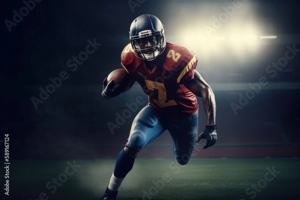 Obraz American Football Player Scores a Touchdown.American football player celebrates scoring a touchdown in front of a roaring stadium crowd Generative AI