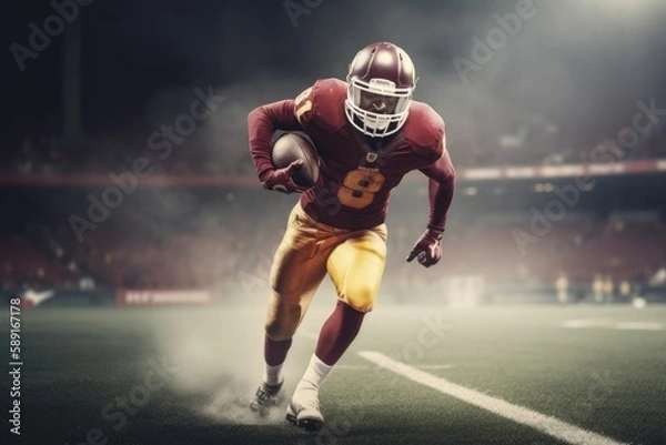 Fototapeta American Football Player Scores a Touchdown.American football player celebrates scoring a touchdown in front of a roaring stadium crowd Generative AI