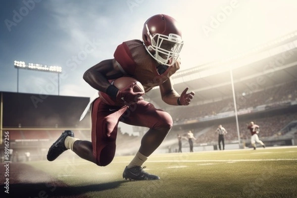 Obraz American Football Player Scores a Touchdown.American football player celebrates scoring a touchdown in front of a roaring stadium crowd Generative AI