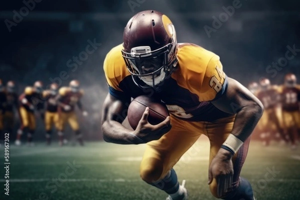 Fototapeta American Football Player Scores a Touchdown.American football player celebrates scoring a touchdown in front of a roaring stadium crowd Generative AI