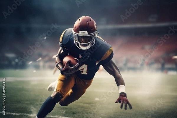 Fototapeta American Football Player Scores a Touchdown.American football player celebrates scoring a touchdown in front of a roaring stadium crowd Generative AI