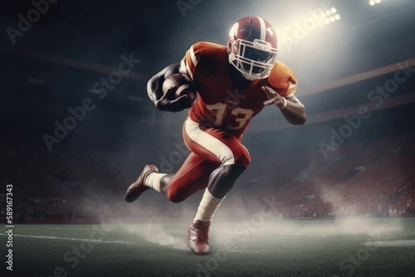 Fototapeta American Football Player Scores a Touchdown.American football player celebrates scoring a touchdown in front of a roaring stadium crowd Generative AI