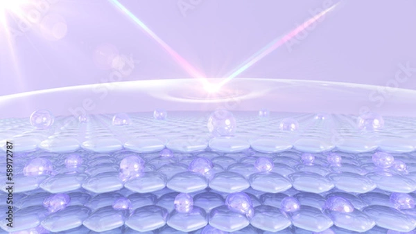 Fototapeta 3D Rendering skin cells with UV protection. Ultraviolet shield reflect. Advertisements for cosmetics, sunblock, lotion, and serum. UV protection