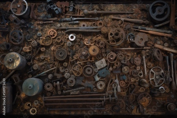 Obraz Directly Above Shot Of Rusty Tools On Table, Generative AI