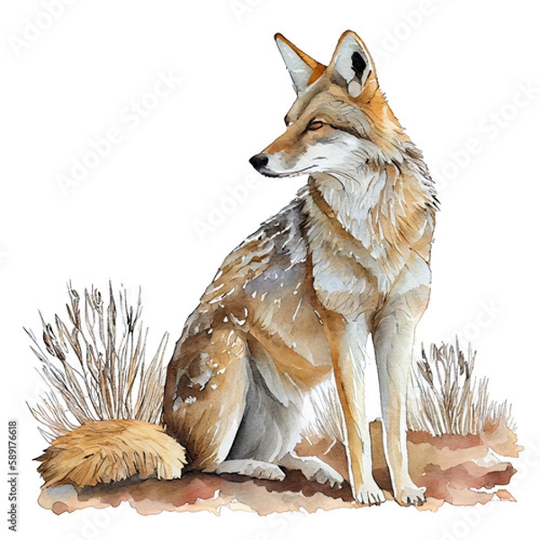 Fototapeta Coyote illustration watercolor with transparent background. Generative AI