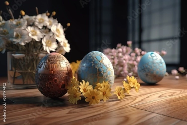 Obraz Generative AI of Easter eggs with flowers on table, Generative AI