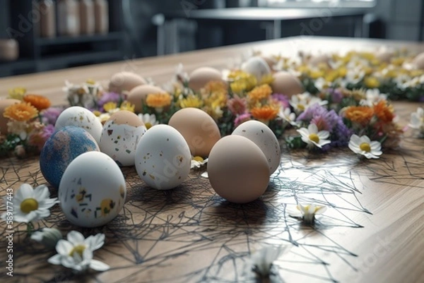 Obraz Generative AI of Easter eggs with flowers on table, Generative AI