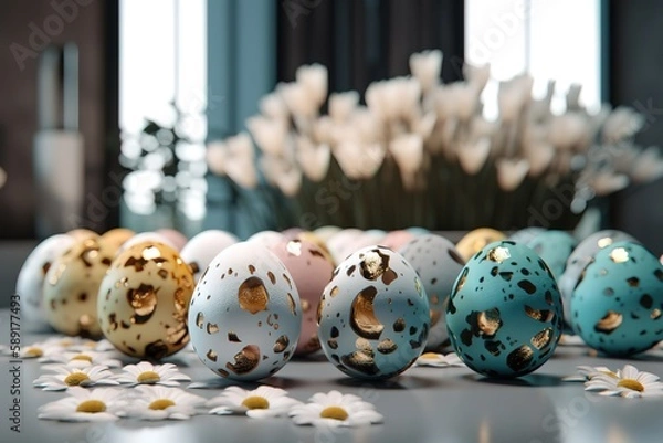Obraz Generative AI of Easter eggs with flowers on table, Generative AI