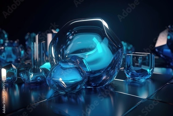Obraz Glass Shapes with Vibrant Blue hues create a Reflective Tech Banner. Modern 3D Render with copy - space. , Generative AI