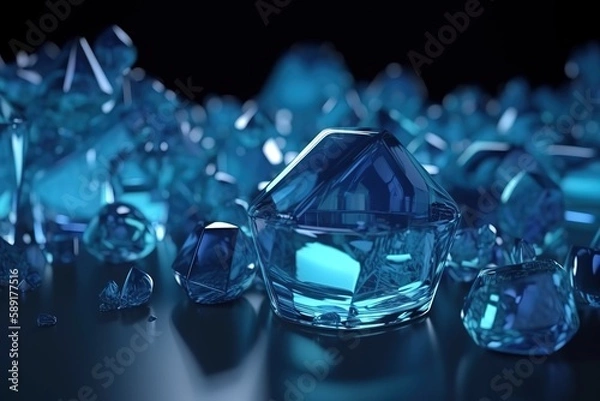 Obraz Glass Shapes with Vibrant Blue hues create a Reflective Tech Banner. Modern 3D Render with copy - space. , Generative AI