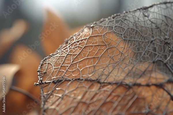 Obraz Close - up Of Dry Leaf On Metal Wire, Generative AI