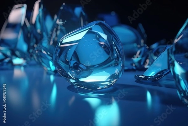 Obraz Glass Shapes with Vibrant Blue hues create a Reflective Tech Banner. Modern 3D Render with copy - space. , Generative AI