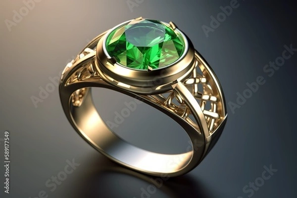 Obraz Golden ring with a fake green gemstone, Generative AI