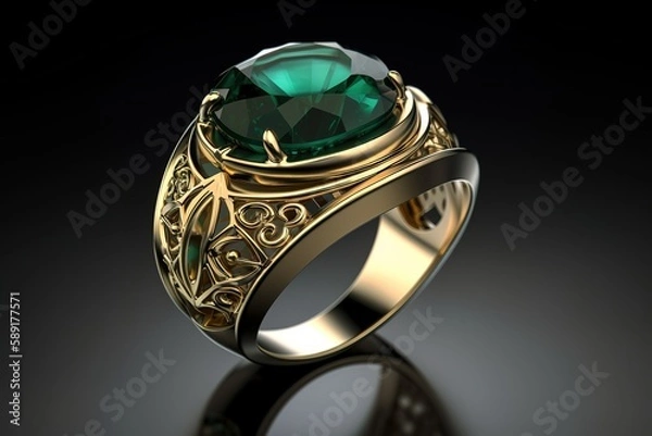 Obraz Golden ring with a fake green gemstone, Generative AI