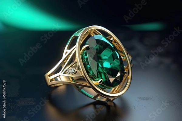 Obraz Golden ring with a fake green gemstone, Generative AI