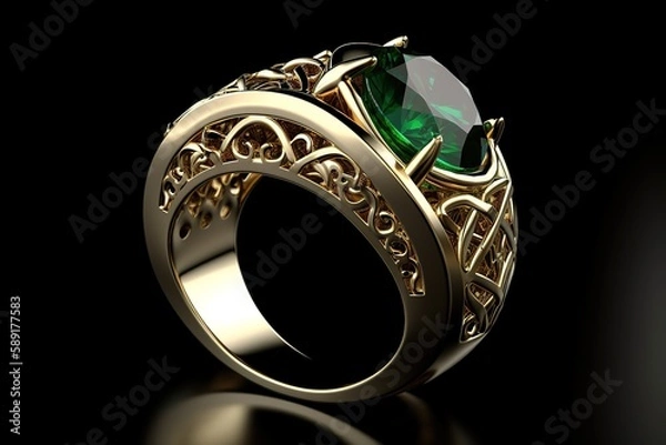 Obraz Golden ring with a fake green gemstone, Generative AI