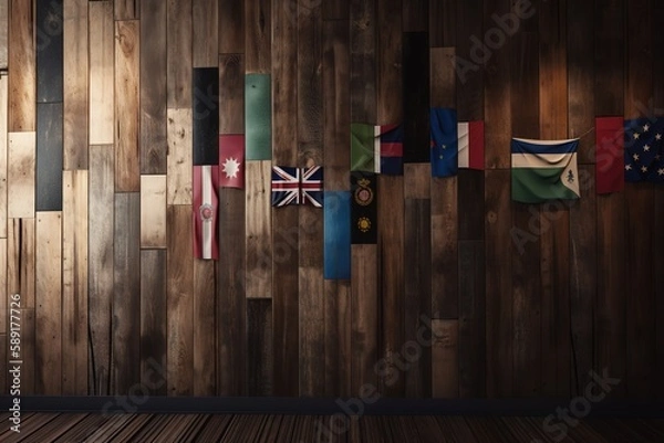 Obraz Close - up Of Flags Against Wooden Wall, Generative AI