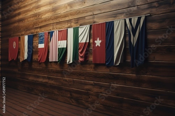 Obraz Close - up Of Flags Against Wooden Wall, Generative AI