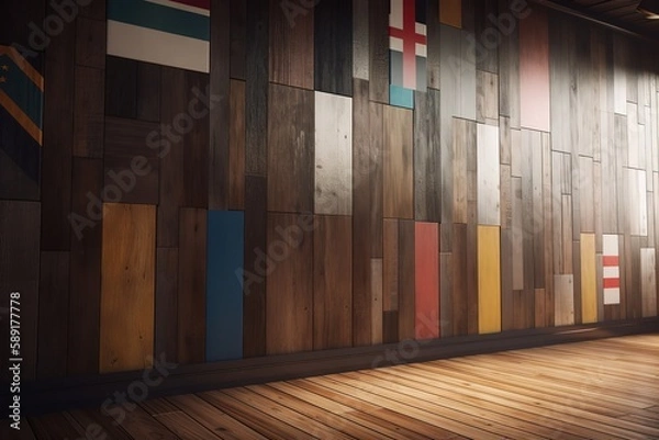 Obraz Close - up Of Flags Against Wooden Wall, Generative AI