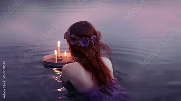 Fototapeta woman in the water with candles and purple flower crown. Generative AI image.