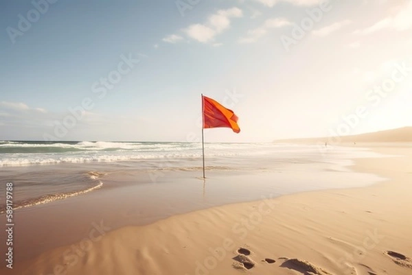 Obraz Lone surf lifesaving flag on empty beach, Generative AI