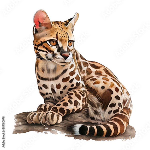 Fototapeta Ocelot illustration watercolor with transparent background. Generative AI